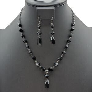 Gun Metal Black Glass Bead Y-Drop 16"-18.5" Necklace & Matching Earring Set